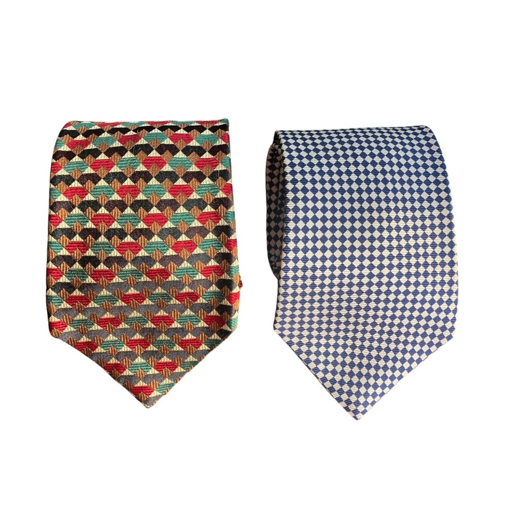 LOT OF 2, Paul Fredrick ITALIAN SILK NECK TIE Navy/White Check FALL COLORS GEO